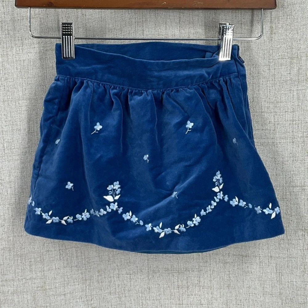 Janie and Jack Skirt Girls 4 Blue Cotton Velvet Floral Embroidered Classic